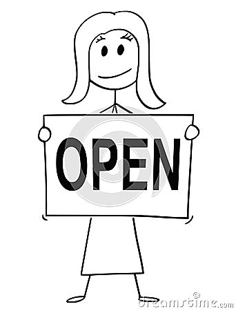 Cartoon of Woman or Businesswoman Holding Sign With Open Text Vector Illustration
