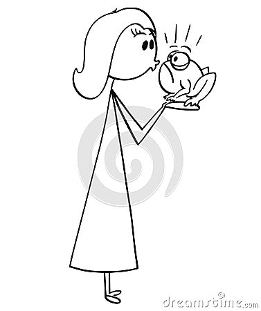 Cartoon of Woman Kissing a Frog Vector Illustration