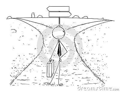 Conceptual Cartoon of Business Man on Crossroad Making Choice Vector Illustration