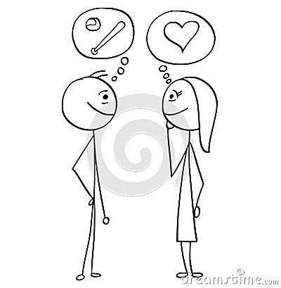 Vector Cartoon of Man and Woman Talking about Baseball and Love Vector Illustration