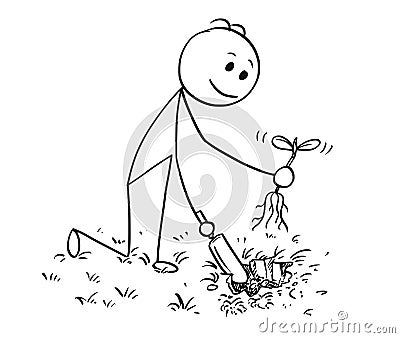 Cartoon of Gardener Digging a Hole for Plant Vector Illustration