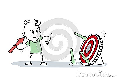 Cartoon stick man drawing illustration of smiling man shoots arrows at target and misses. Stick figure man does not lose hope. Vector Illustration