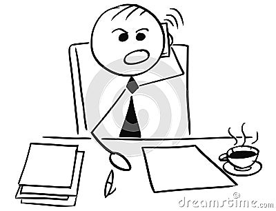 Angry Businessman Manager Boss Using Mobile Phone to Call. Vector Illustration