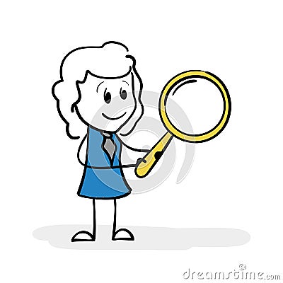 Cartoon stick woman looking through magnifying glass. Drawing of stick figure business woman searching for something Vector Illustration