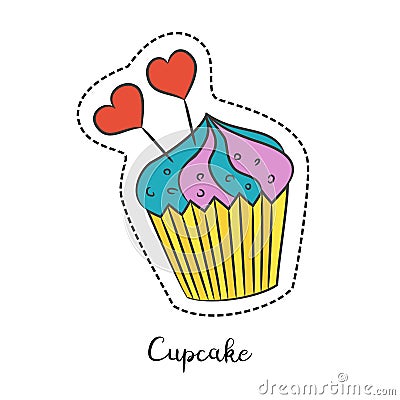 Cartoon sticker with cupcake on white background. Vector Illustration