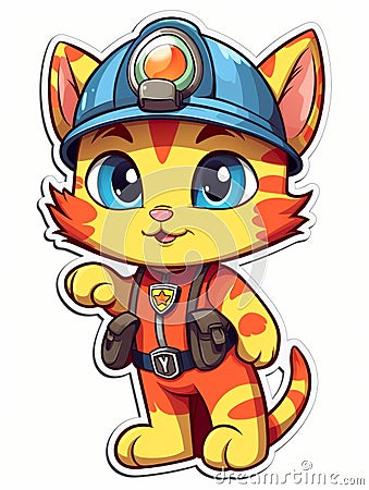 Cartoon sticker sweet kitten dressed as a fireman, AI Cartoon Illustration