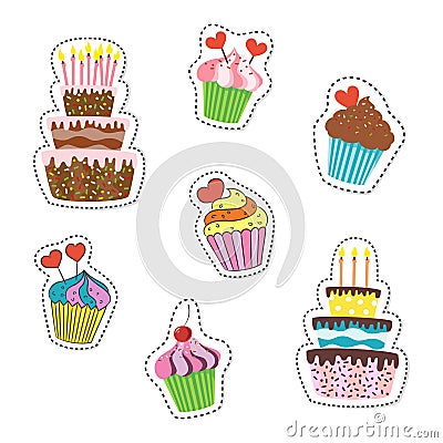 Cartoon stickers with cupcakes and cakes on white background. Vector Illustration