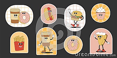 Cartoon stickers and patches set with cake, donut, cupcake, coffee, burger, french fries. Groovy characters in trendy Vector Illustration