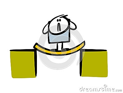 Cartoon stickman clutched his head in fright, stands on an unreliable bridge, the board bent. Vector illustration of a Vector Illustration