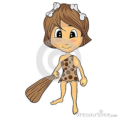 Cartoon Stone Age Cute Cave Girl Vector Illustration