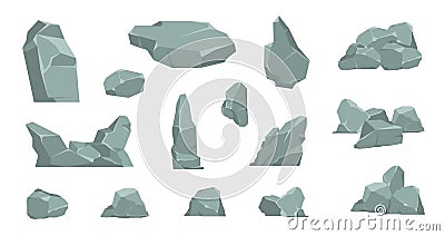 Cartoon stones. Cartoon pile of rocks, gravel elements and granite boulder, flat isometric concrete and coil. Vector 3D Vector Illustration