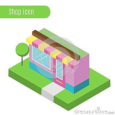 Cartoon store, shop, cafe. Vector illustration. Isometric icon, city infographic element, gaming design Vector Illustration