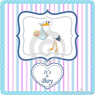 Cartoon stork with baby boy card Vector Illustration
