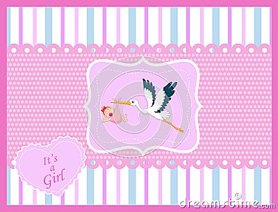 Cartoon stork with baby girl card Vector Illustration