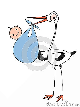 Cartoon stork and boy baby pink background and banner illustration white background Cartoon Illustration