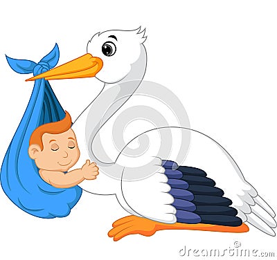 Cartoon stork carrying baby Vector Illustration