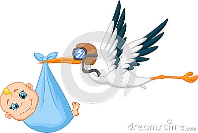 Cartoon Stork carrying baby Vector Illustration