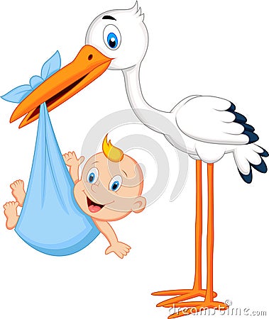 Cartoon stork carrying baby Vector Illustration