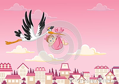 Cartoon stork delivering a baby girl Vector Illustration