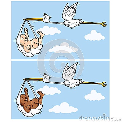 Cartoon stork flying with baby Vector Illustration