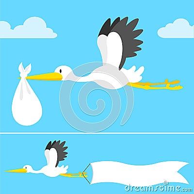 Cartoon stork flying with banner Vector Illustration