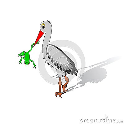 A cartoon stork holding a frog in his beak Vector Illustration