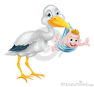 Cartoon Stork Holding New Born Baby Vector Illustration