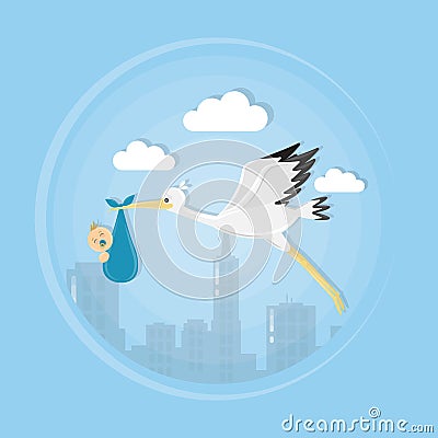 Cartoon stork in sky with baby. Vector Illustration