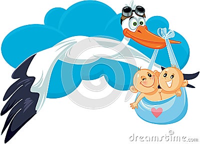 Cartoon Stork with Twins Vector Illustration Vector Illustration