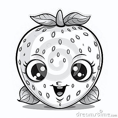 Cartoon strawberry in black and white, smiling at everyone, cheerful illustration, sticker, coloring book Cartoon Illustration