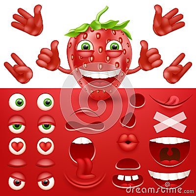 Cartoon strawberry 3d smiley face vector character creation constructor. Emoji with emotions, eyes and mouthes set. Vector Illustration