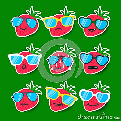 Cartoon strawberry emojis with sunglasses. Vector Illustration