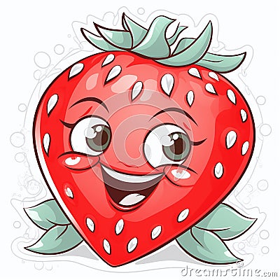 Cartoon strawberry smiling at everyone, cheerful illustration, sticker Cartoon Illustration