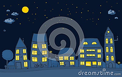 Cartoon street at night Vector Illustration