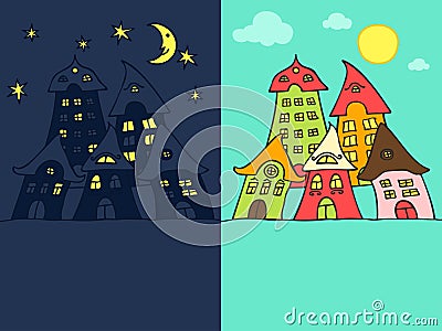 Cartoon street night & day Vector Illustration