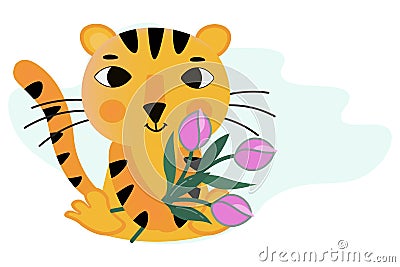 Cartoon striped tiger cub with a bouquet of tulips. Cute mascot. Big eyes, long tail. Vector Illustration