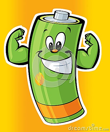 Happy super strong cartoon battery Stock Photo