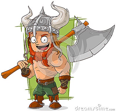 Cartoon strong viking with big axe Vector Illustration