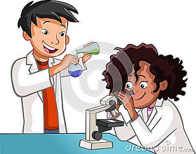 Cartoon students doing research with chemical fluid and microscope in the laboratory. Vector Illustration