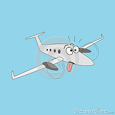 Cartoon style airplane with rolling eyes and protruding tongue. Vector Illustration