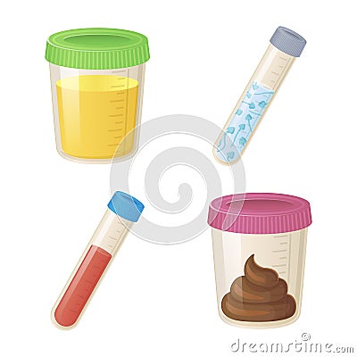 Cartoon style analysis sample set. Container for Medical Tests blood, semen. urine, stool on White Background. Stock Vector Illustration