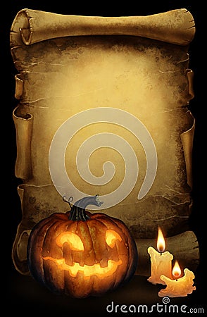 Halloween background with carved pumpkin lamp and candles Stock Photo