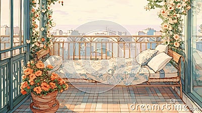 Cartoon Style Bed With Flowers Near Balcony In Audrey Kawasaki's Dreamy Landscapes Cartoon Illustration