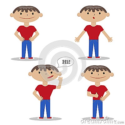 Cartoon style boy wearing jeans and t-shirt. Vector illustrations collection on white background Vector Illustration