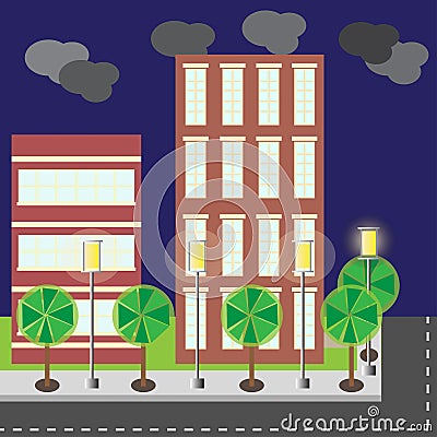 Cartoon style building city street night scene Vector Illustration