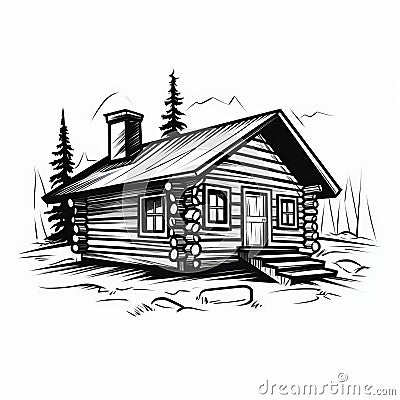 Simple Black And White Log Cabin Tattoo Illustration Cartoon Illustration