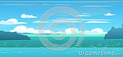 Cartoon style coastal harbor ocean. Blue sea. Marine view. Rocks with passage for ships. Sea on horizon. Summer clouds Vector Illustration