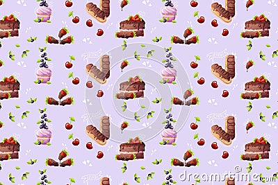 Cartoon style confectionery pattern on purple background. Doodle. Doodle. Cake, cupcake, eclairs. Vector illustration Vector Illustration