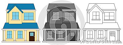 Cartoon style Country House set. Colorful, monochrome and line building design. Cute houses set Vector Illustration