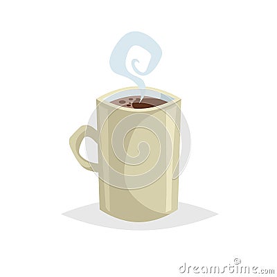 Cartoon style cup with hot drink. Coffee or tea. Trendy decorative design. Great for cafe menu. Beige mug with steam. Vector Illustration